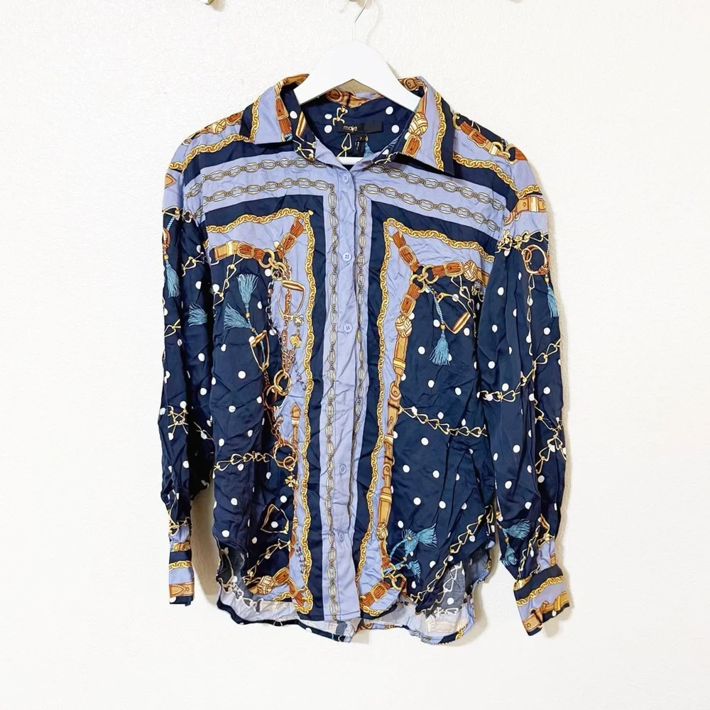 Maje Cechaine Satin Effect Button Up Blue Rope Chain Printed Blouse NEW US 6 - Picture 7 of 11